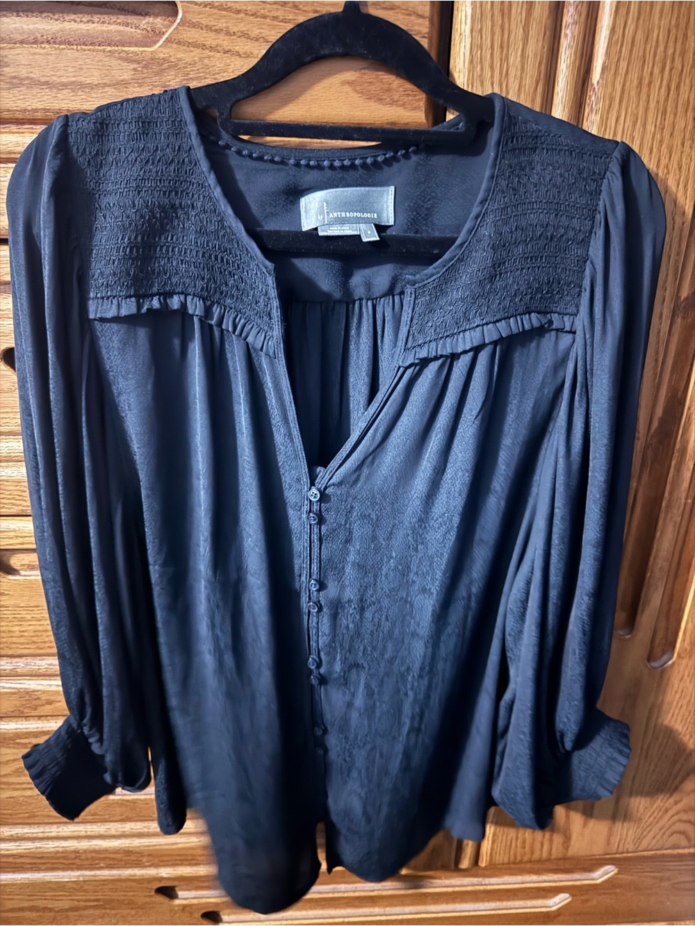 Anthropologie Black peasant Smocked-Yoke Button Front Blouse size Small